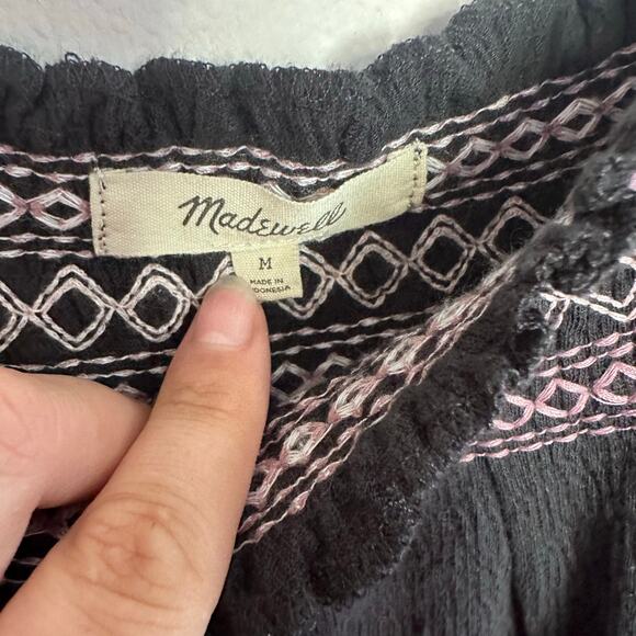 madewell black textured knit embroidered puff sleeve square neck top size medium - Picture 5 of 6